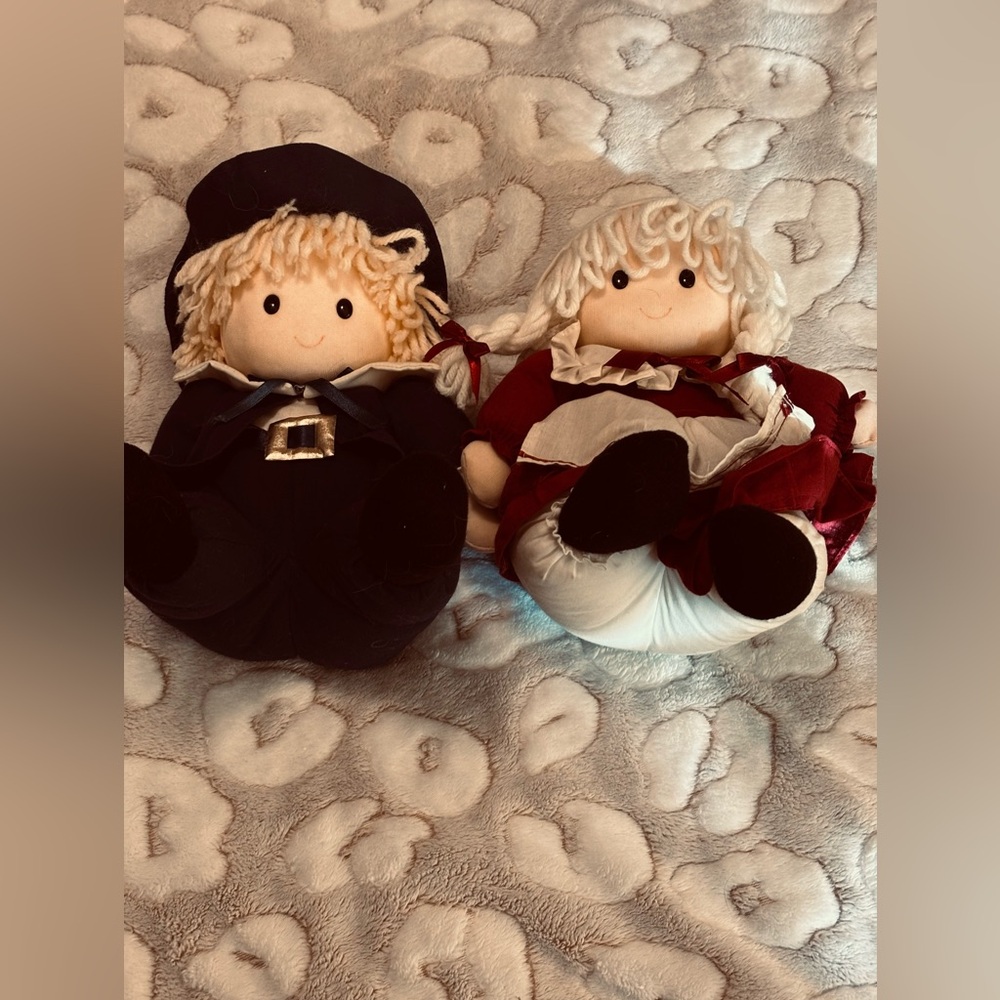 Vintage Joelson Pilgrim Couple Holiday Plush Doll Pair - Navy and Red